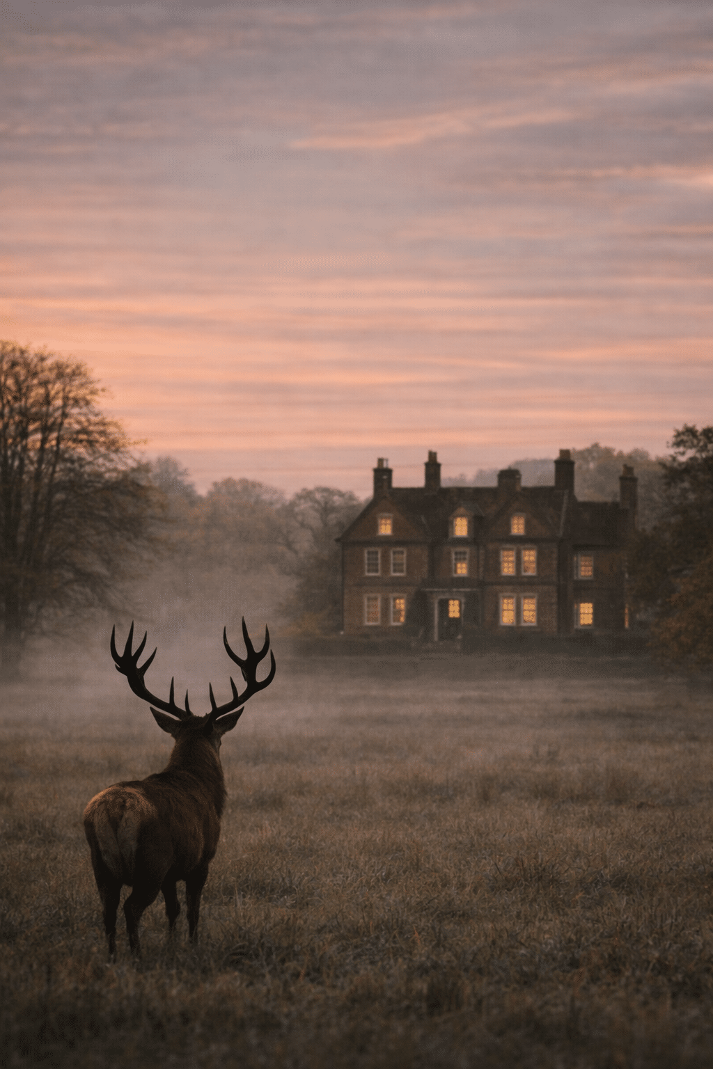 Period English manor house with deer at dusk